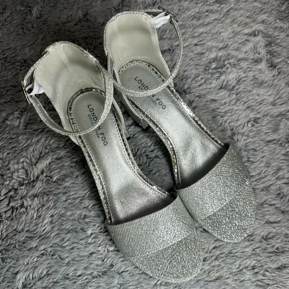 London Fog Nikki Silver Glitter Ankle Strap Block Heels 6.5M Bling Pumps Wedding